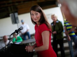 Kentucky Secretary of State Alison Lundergan Grimes, a Democratic candidate for U.S. Senate, campaigns in Frankfort, Kentucky, in May.