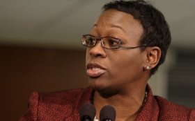 Democratic State Sen. Nina Turner gives comments after Ohio Gov. John Kasich's State of the State address at Wells Academy/Steubenville High School Tuesday, Feb. 7, 2012, in Steubenville, Ohio. (AP Photo/Tony Dejak)