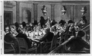 The Electoral Commission comprised of House Members, Senators, and Supreme Court Justices investigated the disputed Electoral College ballots from the South after the 1876 presidential election. The Commission, seen here meeting by candle light in the Old Supreme Court Chamber in the Capitol, awarded all the disputed ballots to Rutherford B. Hayes, who became President by a single electoral vote.