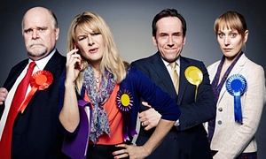 Trevor Cooper, Sarah Hadland, Ben Miller and Hattie Morahan on the campaign trail in Ballot Monkeys.