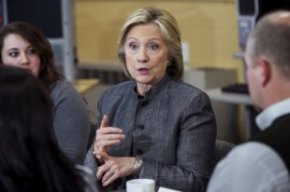 U.S. presidential candidate and former Secretary of State Hillary Clinton participates in a discussion in a classroom at New Hampshire Technical Insti...